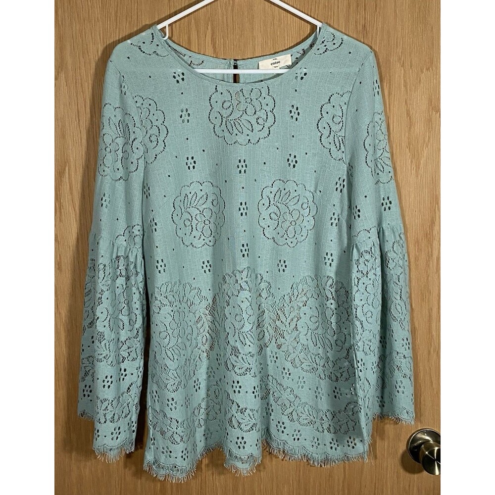 Entro Women's Sm Sage Green Crochet Lace Bell Sleeve Top Fairy Boho Romantic